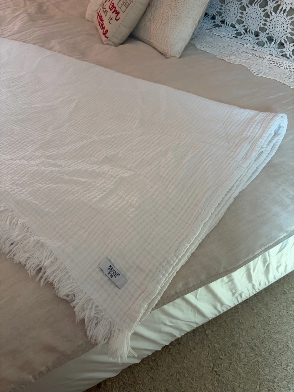 Williams Sonoma Home White Waffle Fringe Throw Blanket